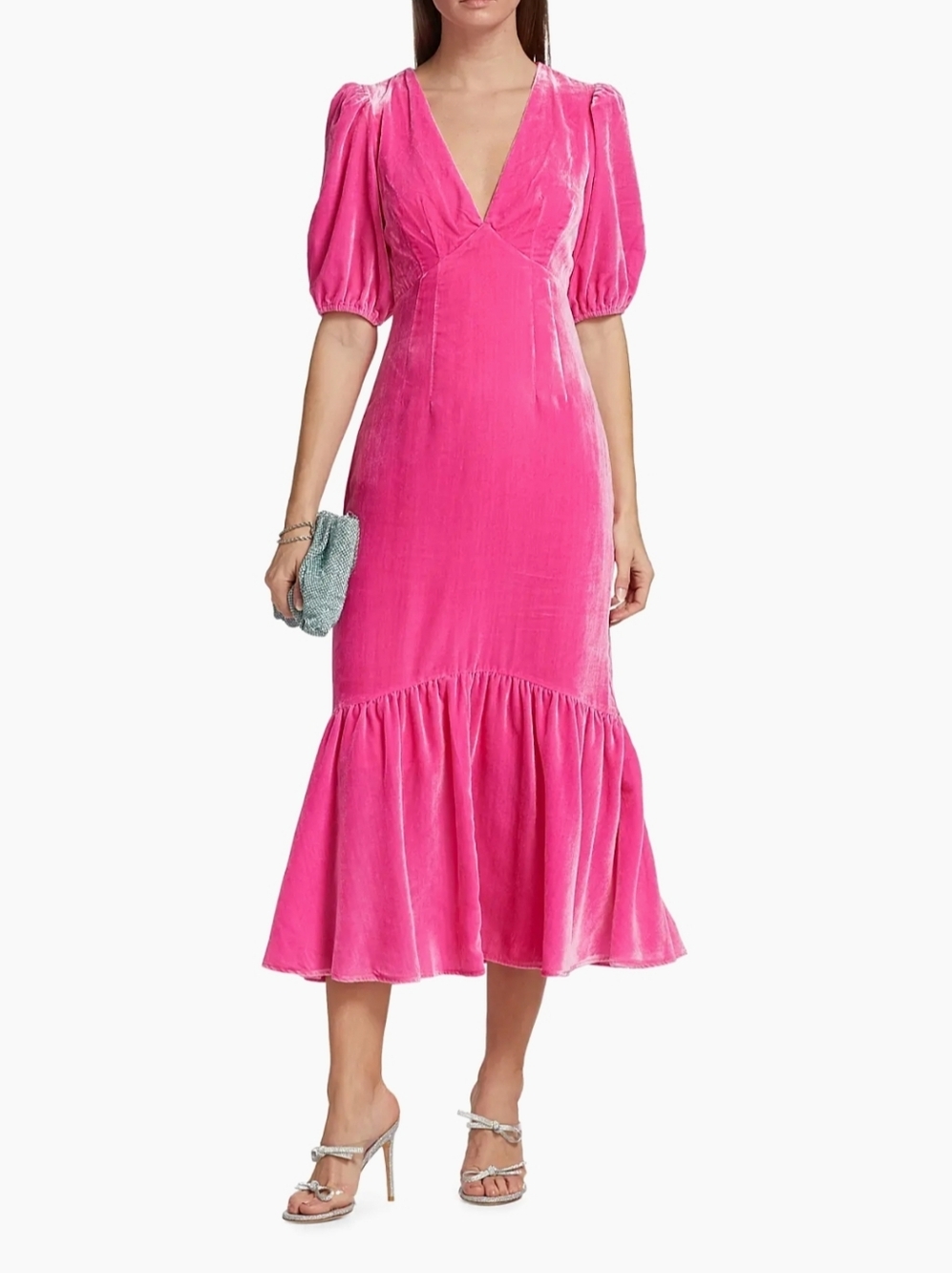 Rhode Ester Puff-Sleeve Velvet Midi-Dress NWT new size 0 Hot Pink